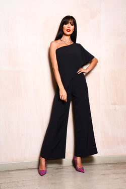 Black One Shoulder Waterfall Frill Jumpsuit
