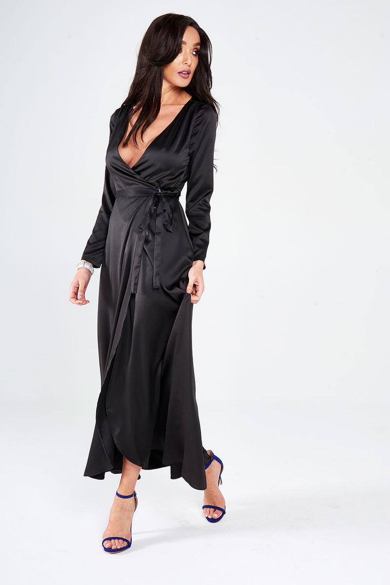 Black Satin Wrap Around Maxi Dress