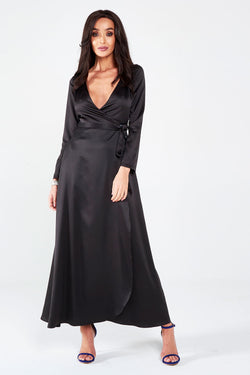 Black Satin Wrap Around Maxi Dress