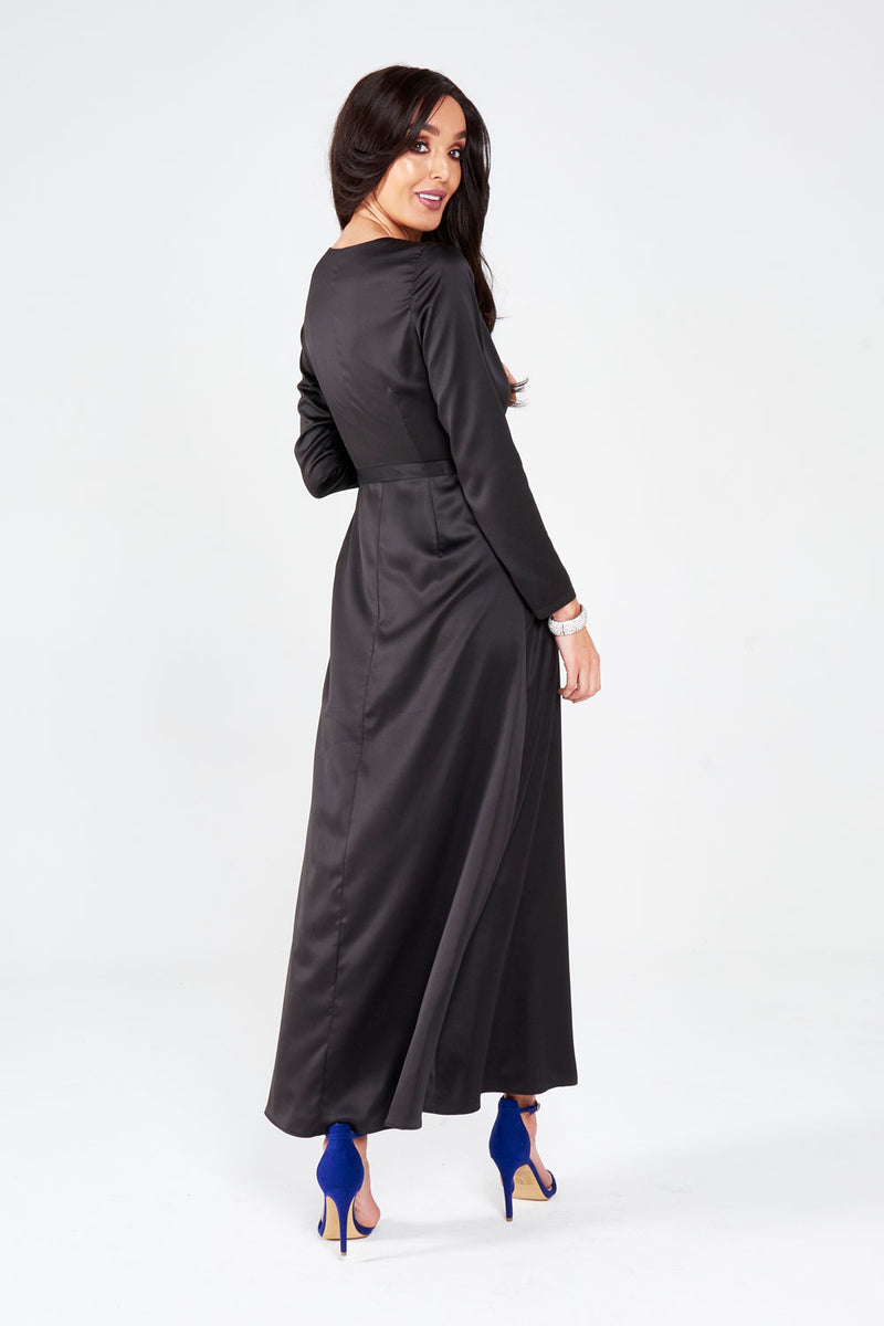 Black Satin Wrap Around Maxi Dress
