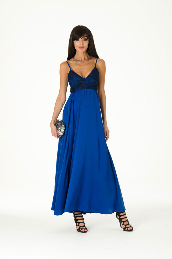 Blue Lace Satin Maxi Evening Dress