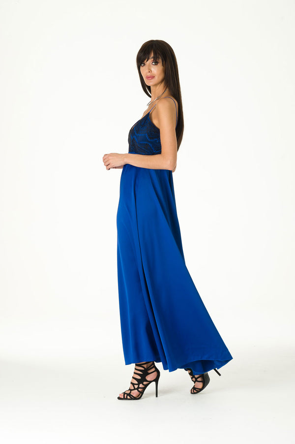 Blue Lace Satin Maxi Evening Dress